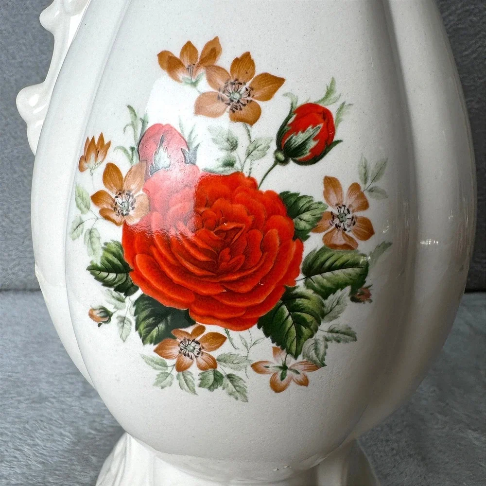 Vintage White Ceramic Rose Floral Pitcher Vase Ornate Handle Scalloped Cottage